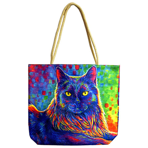 CannaDrop-AFG Apparel Psychedelic Rainbow Black Cat Jute Rope-Handled Tote Bag